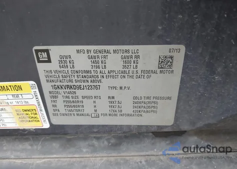 2014 GMC Acadia Slt-1 z USA, uszkodzony, nr VIN 1GKKVRKD9EJ123767